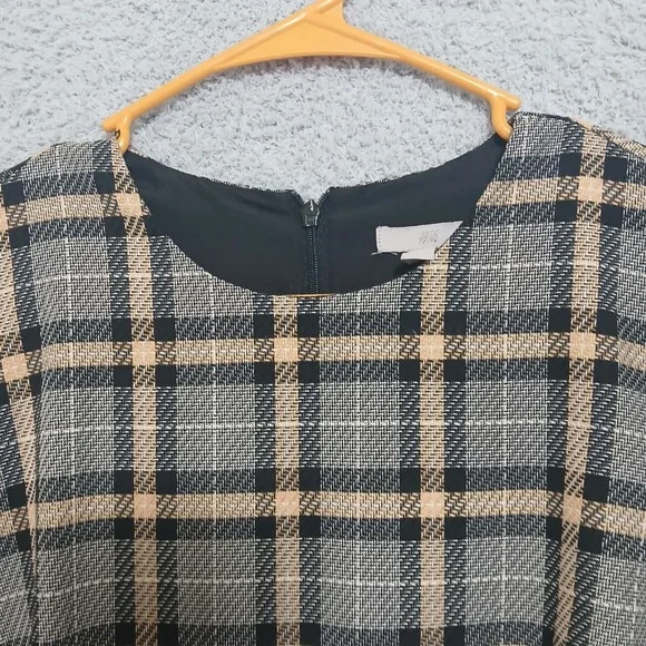 H&M Mod Plaid Long Sleeve Mini Shift Dress Size M Academia Old Money Neutral - Picture 3 of 14